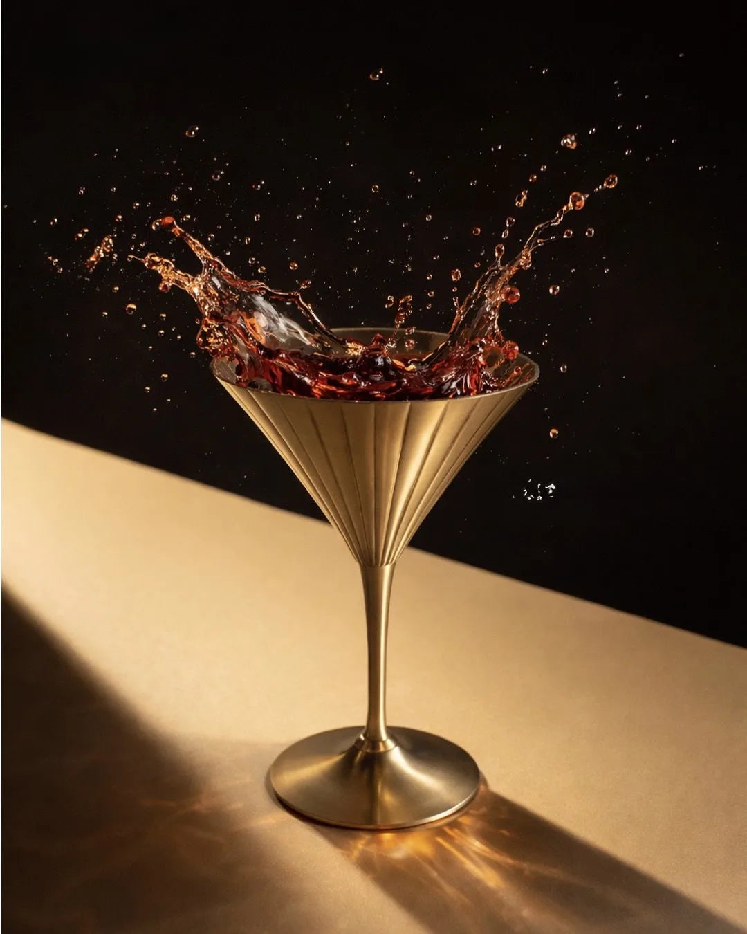 A zero-proof cocktail splashing in a brushed gold martini glass