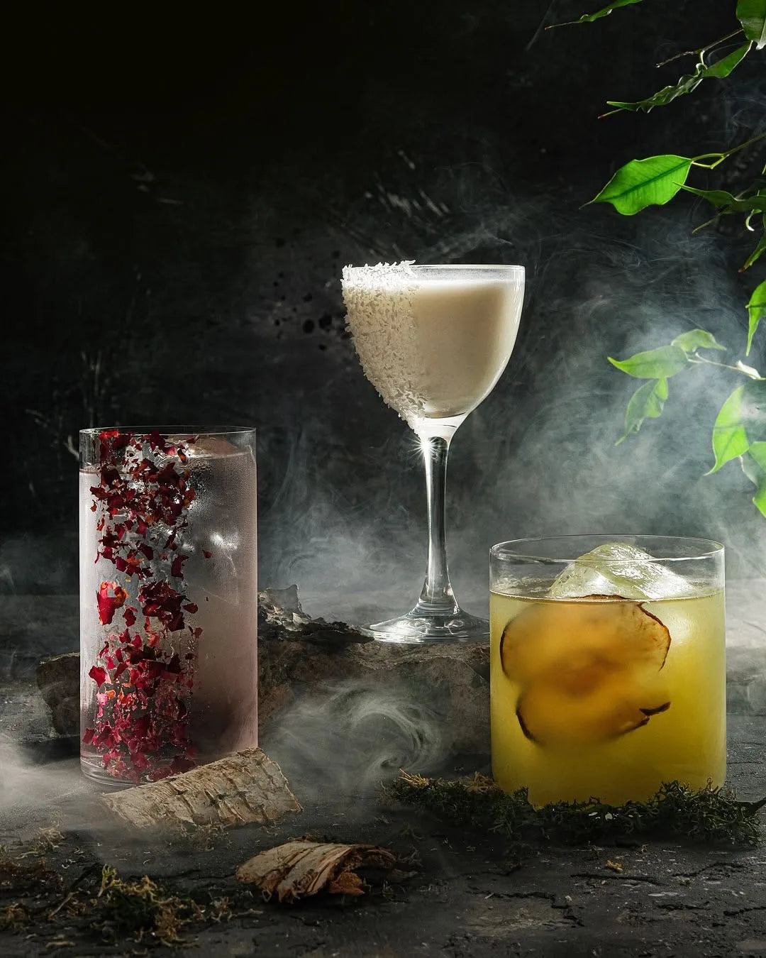 Three zero-proof cocktails in smoke