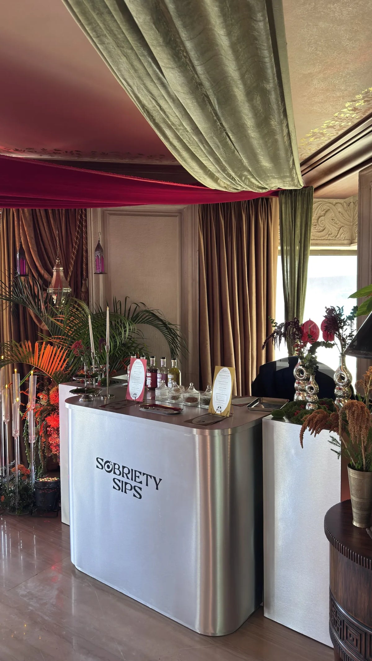 Sobriety Bar with silver vases and white flowers